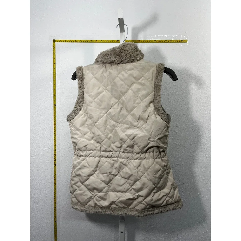Quilted Faux Fur Lined Puffer Vest Beige Cinched Waist‎ Sleeveless Jacket Large